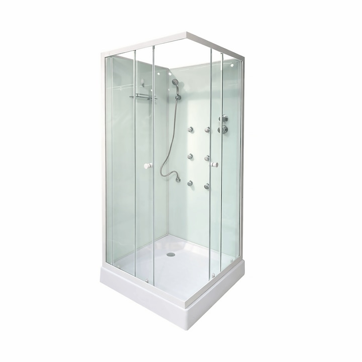 Cabina De Dus Cu Hidromasaj Patrata Elba Square, Sticla Transparenta, 90X90X200 Cm, Profil Alb, Cadita Joasa Si Sifon Incluse