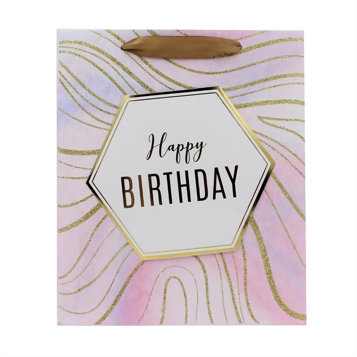 Подаръчна торба L хартия Marble B-day Pink, 20 x 12,5 x 9 см