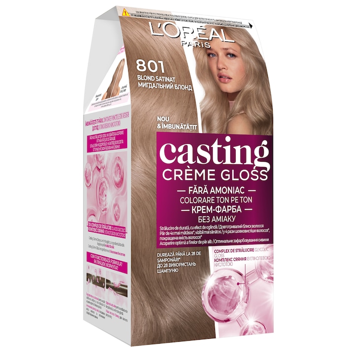 Полуперманентна боя за коса без амоняк L'Oreal Paris Casting Creme Gloss 801 Blond Satin, 180 мл