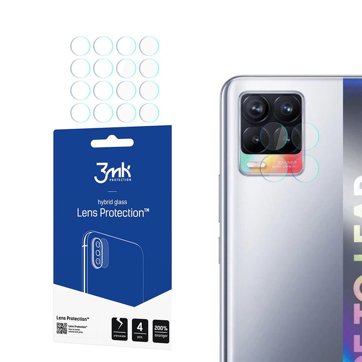 4x telefon kameravédő fólia készlet 3MK, Üveg, Realme 8 kompatibilis, Átlátszó