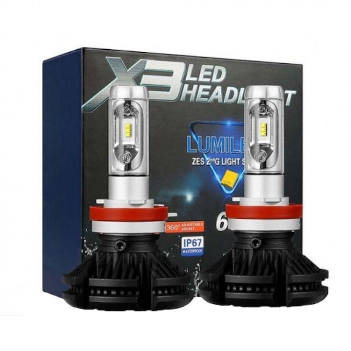 Set 2 LED-uri Auto Techstar® X3, H7, 25w, 3000 Lumeni, 3000K/6500K/8000K, AUTO, 12-24 Volti, ZES, Canbus, Miez Cupru, Radiator Aluminiu