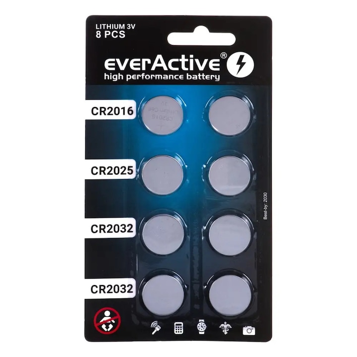 Set 8 baterii litiu everactive power-pack cr2032 cr2025 cr2016 3v