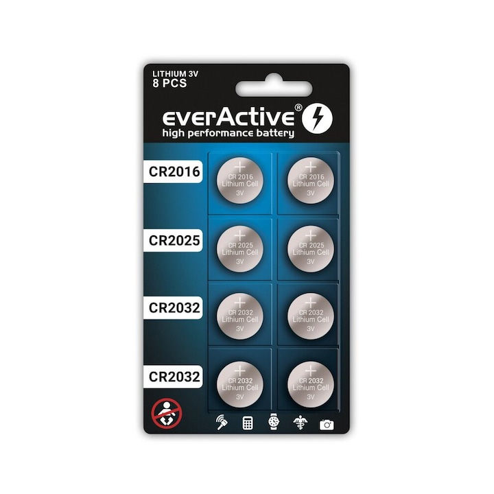 Комплект от 8 литиеви батерии everactive power-pack cr2032 cr2025 cr2016 3v