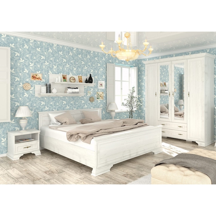 Set Dormitor Iris cu Dulap 4 usi, Pat 160x200 cm si 2 Noptiere, Alb Antichizat