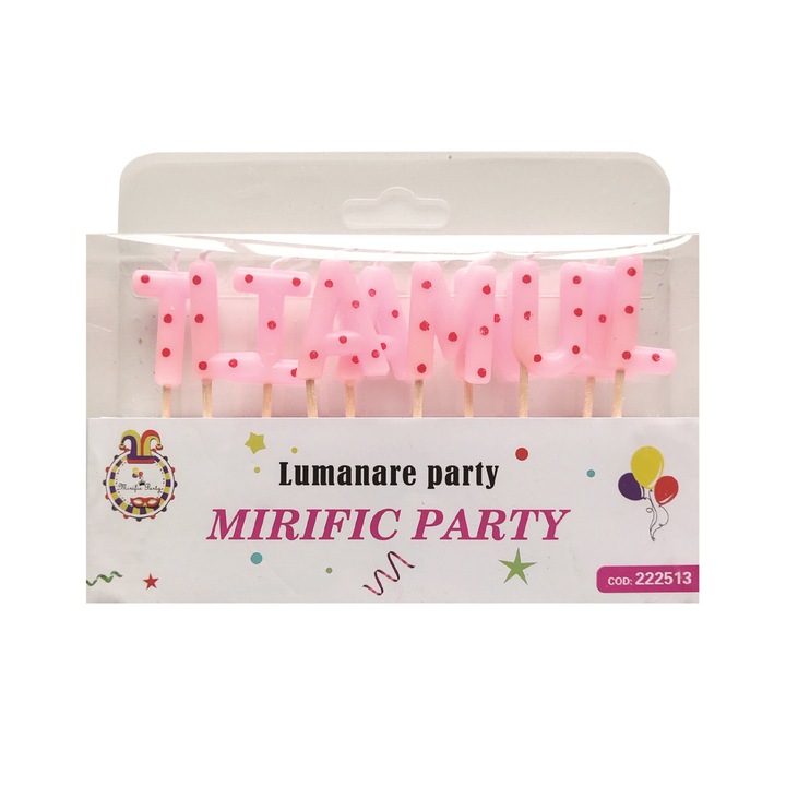 Комплект от 10 свещи за торта, тип букви Happy Birthday, розови на червени точки, 7 см
