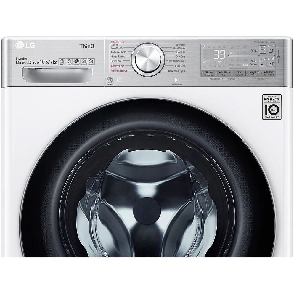 Masina de spalat rufe cu uscator LG F4DV910H2EA, Spalare 10.5 kg, Uscare 7 kg, 1400 rpm, Clasa E, Motor AI Direct Drive, Steam+, TurboWash, ThinQ, Alb