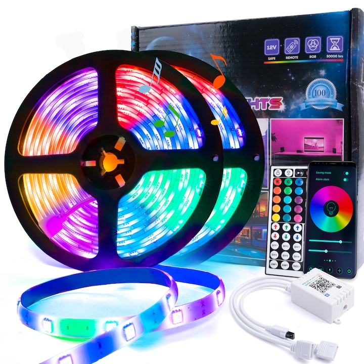 Banda LED SeveShop, 2 Role x 5m, Intensitate si Culori Reglabile prin Aplicatie Mobila, 5050RGB, Sincronizare cu Muzica si Temporizator, Control de pe Telefon (Android/iOS), IP65, 16 Milioane de Culori, Flexibila, Control Telecomanda, Multicolor