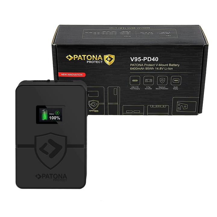 Acumulator Patona Protect V-Mount V95-PD40 f. BP-95W, Iesire D-Tap / USB / USB-C, functie Powerbank, Display OLED, 95Wh