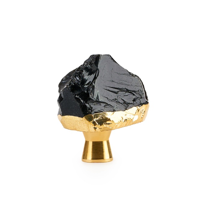 Maner tip buton pentru mobilier, din cristal natural, hand-made din piatra semipretioasa cu insertii aurii, Obsidian, Onuvio™, Negru