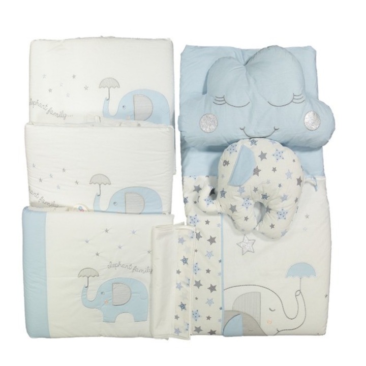 Set de dormit Coccoo Bebe, Bumbac organic, 7 piese, Unisex, Albastru/Alb