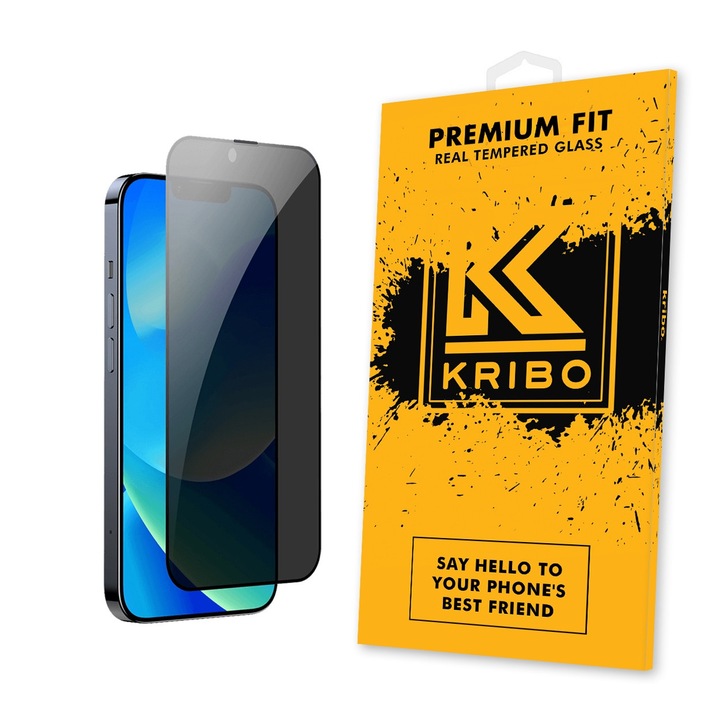 Folie Sticla Kribo, Privacy Premium Fit, pentru Apple iPhone 16e / 14 / 13 / 13 Pro, 9H, HD, Protectie Ecran Premium, Full Cover, Full Glue