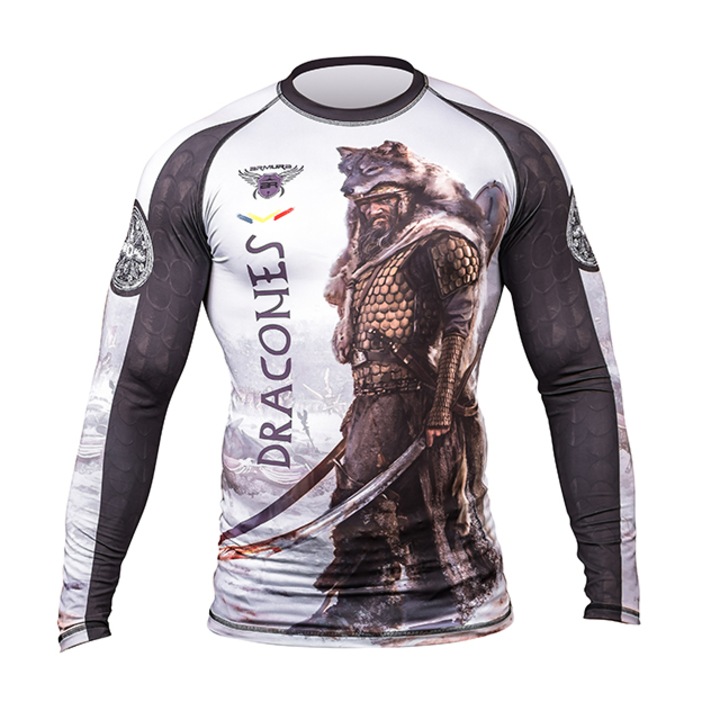 Bluza sport Rashguard Armura Dracones, S, Alb/Gri/Maro