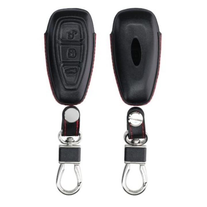 Autókulcs fedél Ford - 3 gomb - Keyless Go, kwmobile, természetes bőr, fekete, 54674.01