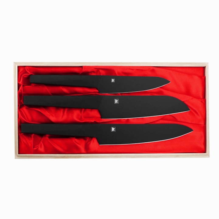 Set 3 cutite de bucatarie Satake, Cutie pentru cadou, Otel, Plastic, Negru