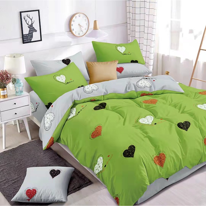 Lenjerie de pat Inima geometrica verde 7 piese, 200x200