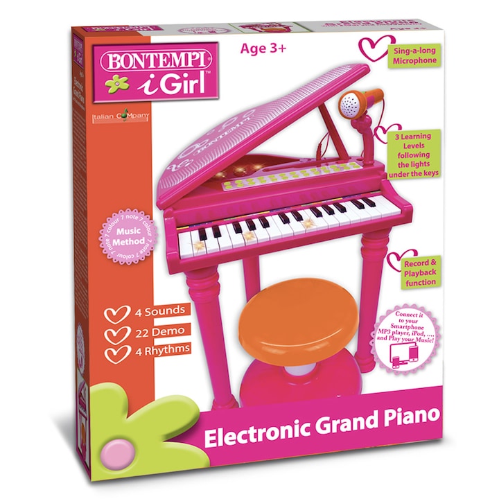 Pian Electronic Bontempi - I-Girl, cu scaun si microfon, roz