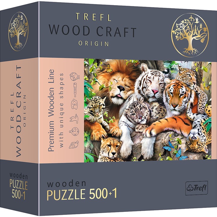 Дървен пъзел Trefl - Wood Craft, Котки от джунглата 500+1 части