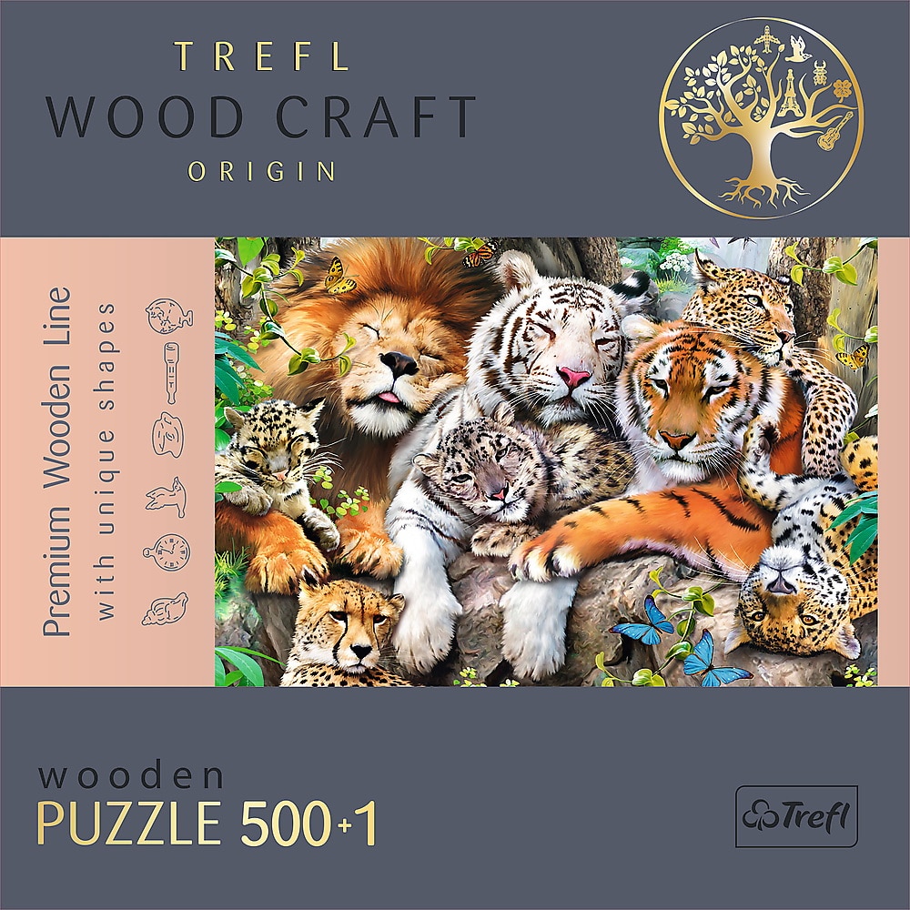 Puzzle din lemn Trefl - Wood Craft, Felinele din jungla, 500+1