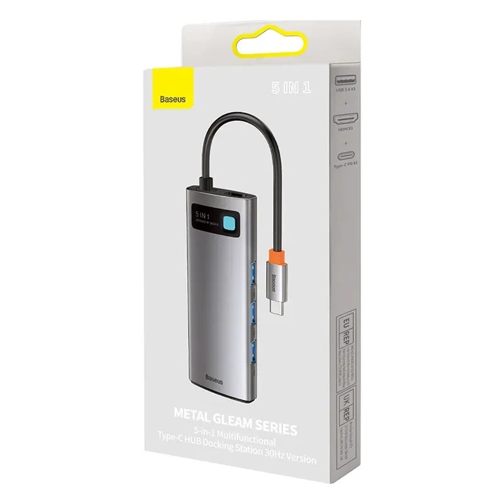 Хъб 5 в 1 Baseus WKWG020013, 3x USB 3.0, HDMI 4K@30Hz, USB-C PD 100W, сив