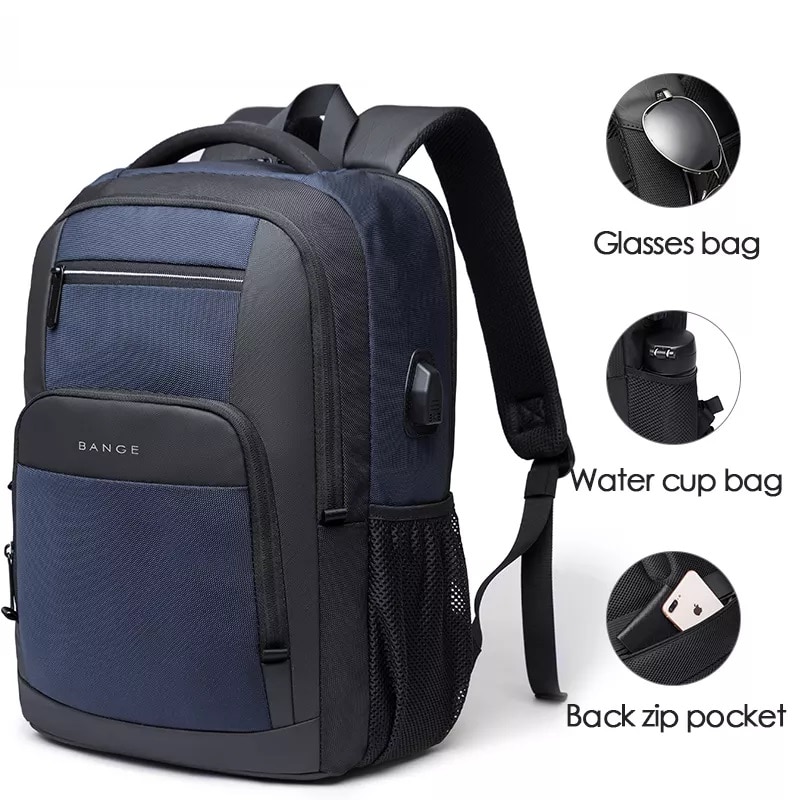 Rucsac laptop 15.6", multifunctional, impermeabil, cu port de incarcare USB, BANGE, 45x32x15 cm, Albastru