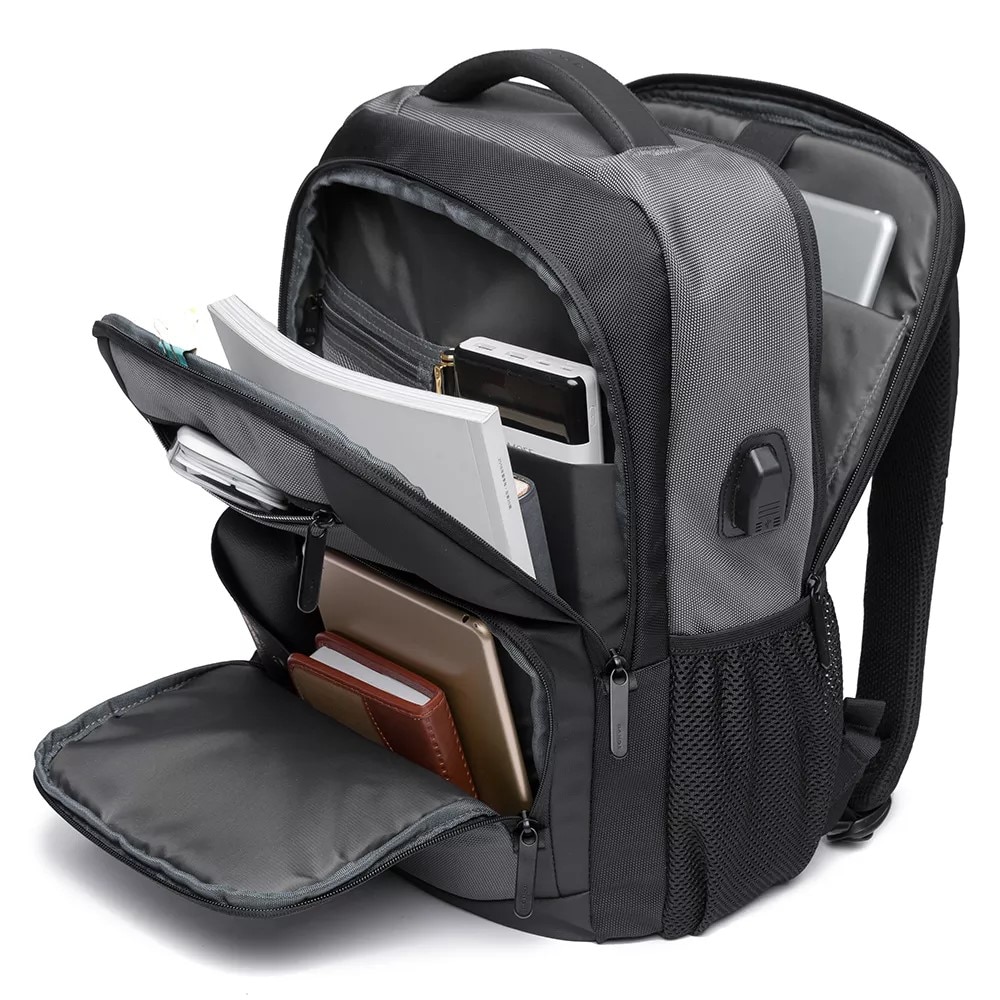 Rucsac laptop 15.6", multifunctional, impermeabil, cu port de incarcare USB, BANGE, 45x32x15 cm, Gri