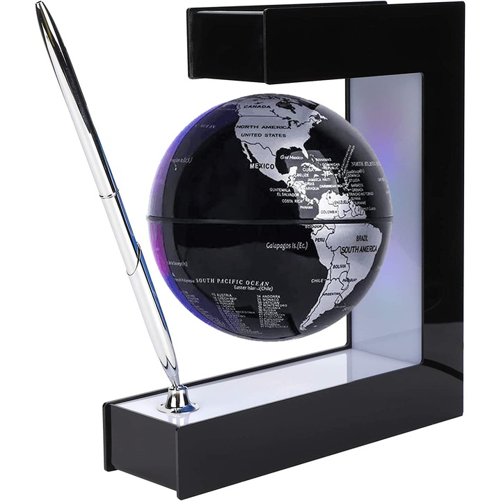 Glob pamantesc magnetic plutitor cu iluminare LED, awwaline, negru, 17.3 cm x 19.5 cm x 5 cm, prevazut cu pix cromat si suport