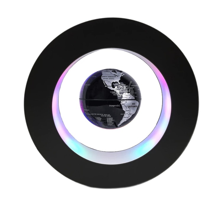 Glob pamantesc magnetic plutitor cu iluminare LED, awwaline, negru, rotund, 18 cm x 18 cm x 5 cm