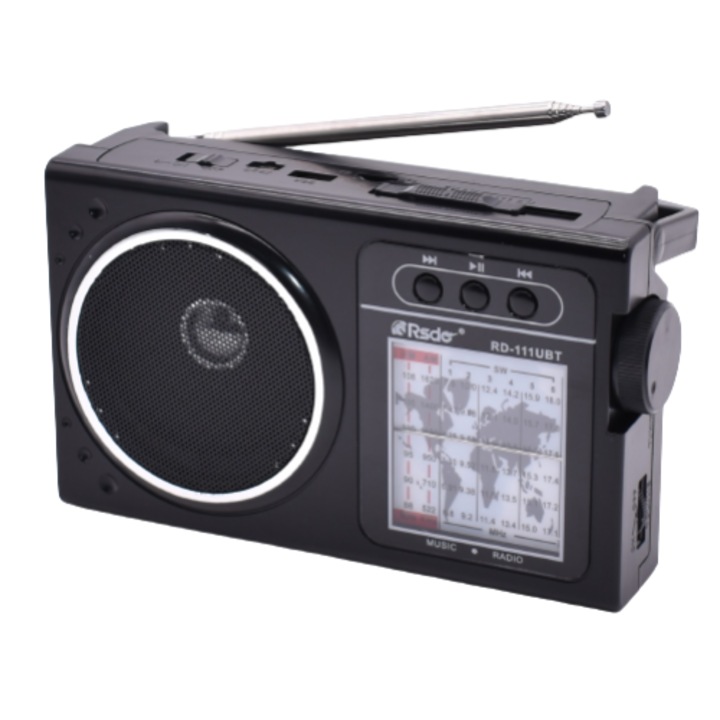 Radio portabil cu incarcare solara, acumulator 1200mAh, bluetooth, cititor USB/TF, radio AM/FM/SW1-6/ lampa led, negru