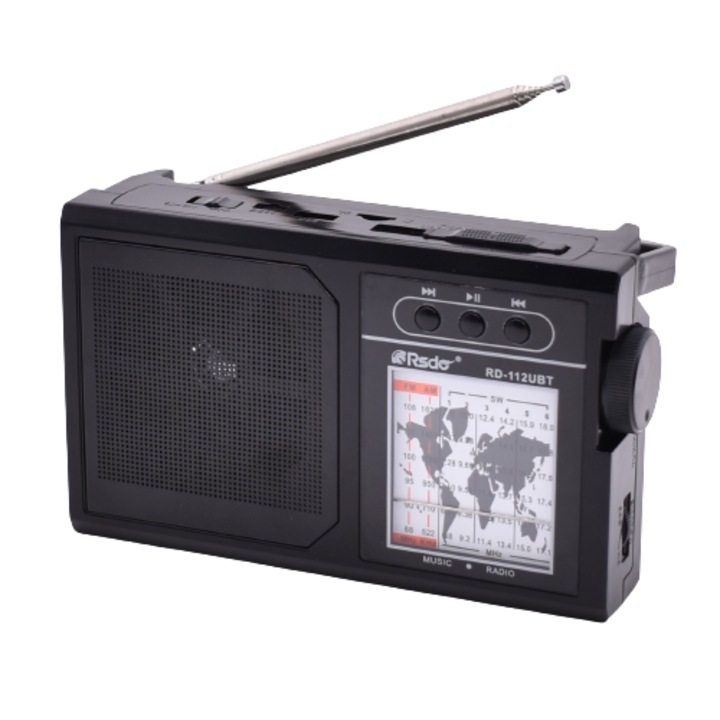 Radio portabil cu incarcare solara, Acumulator 1200mAh, bluetooth, cititor USB/TF, radio FM/AM/SW1-6, lampa led, negru