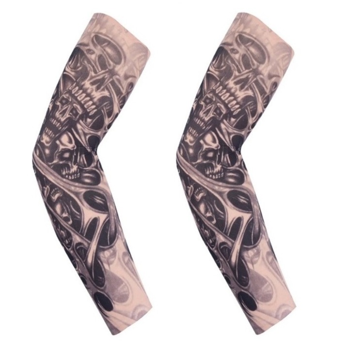 Set 2 maneci tatuaj temporar Ventoo®, print 3D, cu protectie solara pentru brate, marime universala, unisex, model demon