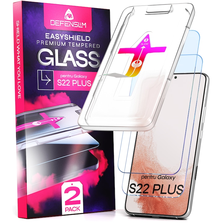 Set 2 Folii sticla compatibil cu Samsung Galaxy S22 Plus, DefenSlim, instalare usoara si rapida cu dispozitiv de potrivire automata in 30 sec cu Easy Install Kit patentat, protectie telefon