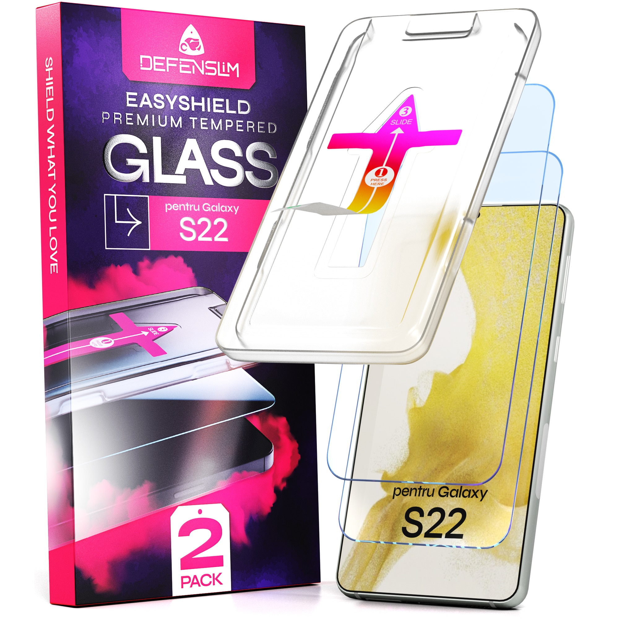 Set 2 Folii sticla compatibil cu Samsung Galaxy S22, DefenSlim, instalare usoara si rapida cu dispozitiv de potrivire automata in 30 sec cu Easy Install Kit patentat, protectie telefon