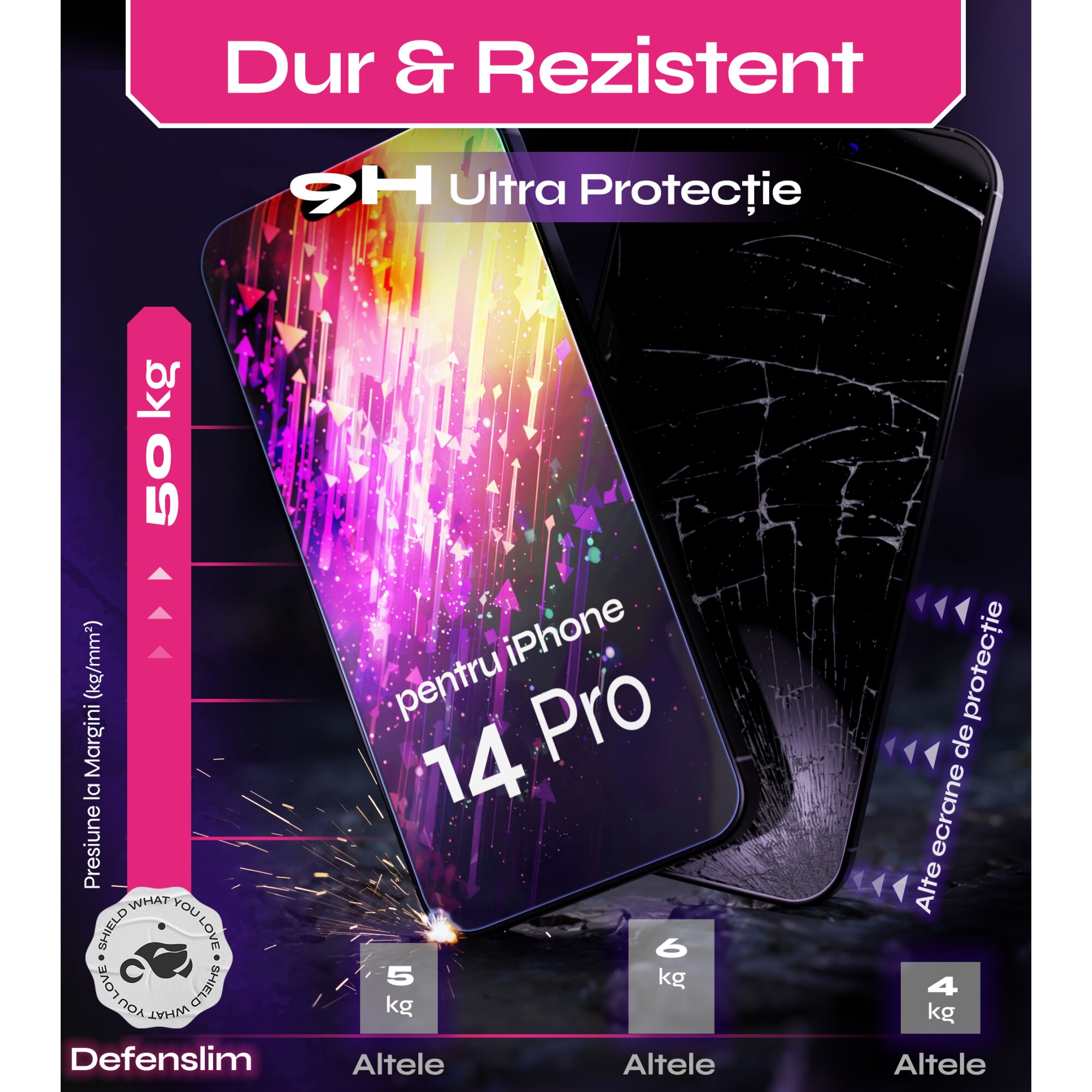 Set 2 Folii sticla pentru iPhone 14 PRO, DefenSlim, instalare usoara si rapida cu dispozitiv de potrivire automata in 30 sec cu Easy Install Kit patentat, protectie telefon