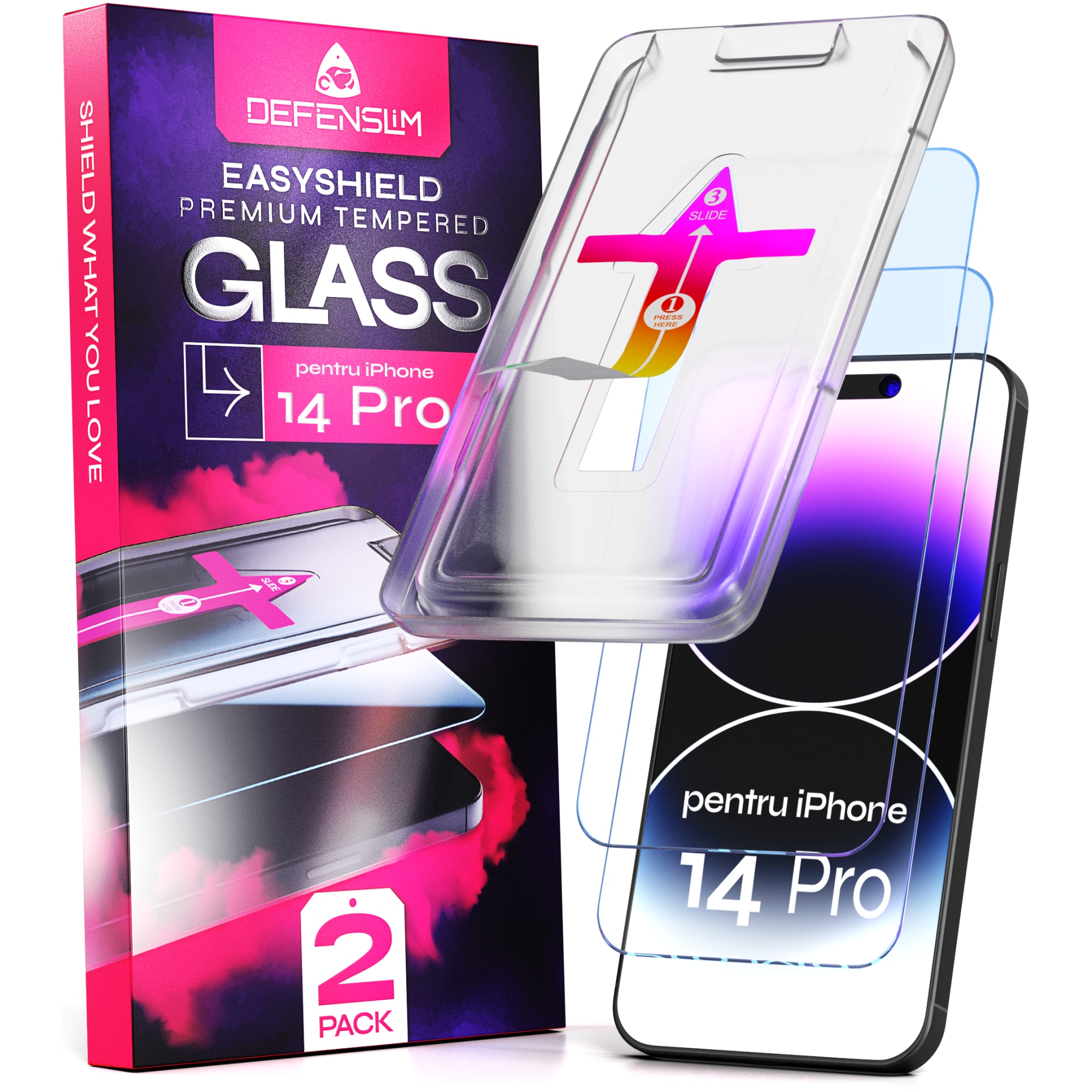 Set 2 Folii sticla pentru iPhone 14 PRO, DefenSlim, instalare usoara si rapida cu dispozitiv de potrivire automata in 30 sec cu Easy Install Kit patentat, protectie telefon