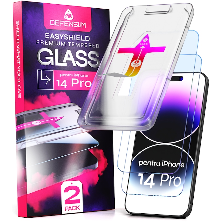 Set 2 Folii sticla pentru iPhone 14 PRO, DefenSlim, instalare usoara si rapida cu dispozitiv de potrivire automata in 30 sec cu Easy Install Kit patentat, protectie telefon