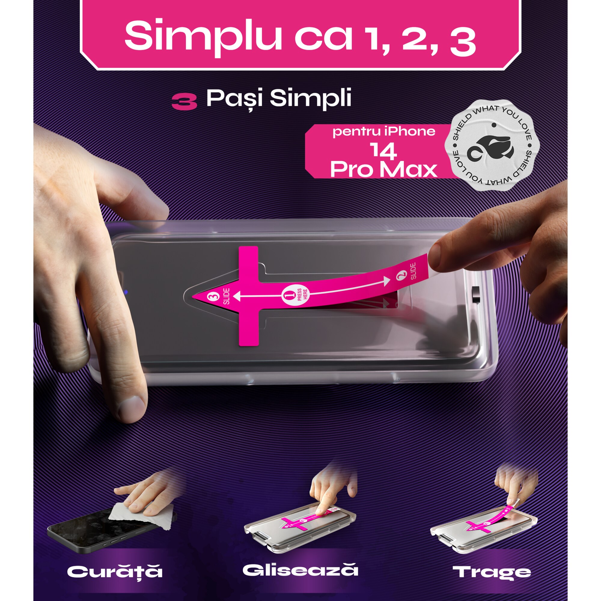 Set 2 Folii sticla compatibil cu iPhone 14 PRO MAX, DefenSlim, instalare usoara si rapida cu dispozitiv de potrivire automata in 30 sec cu Easy Install Kit patentat, protectie telefon