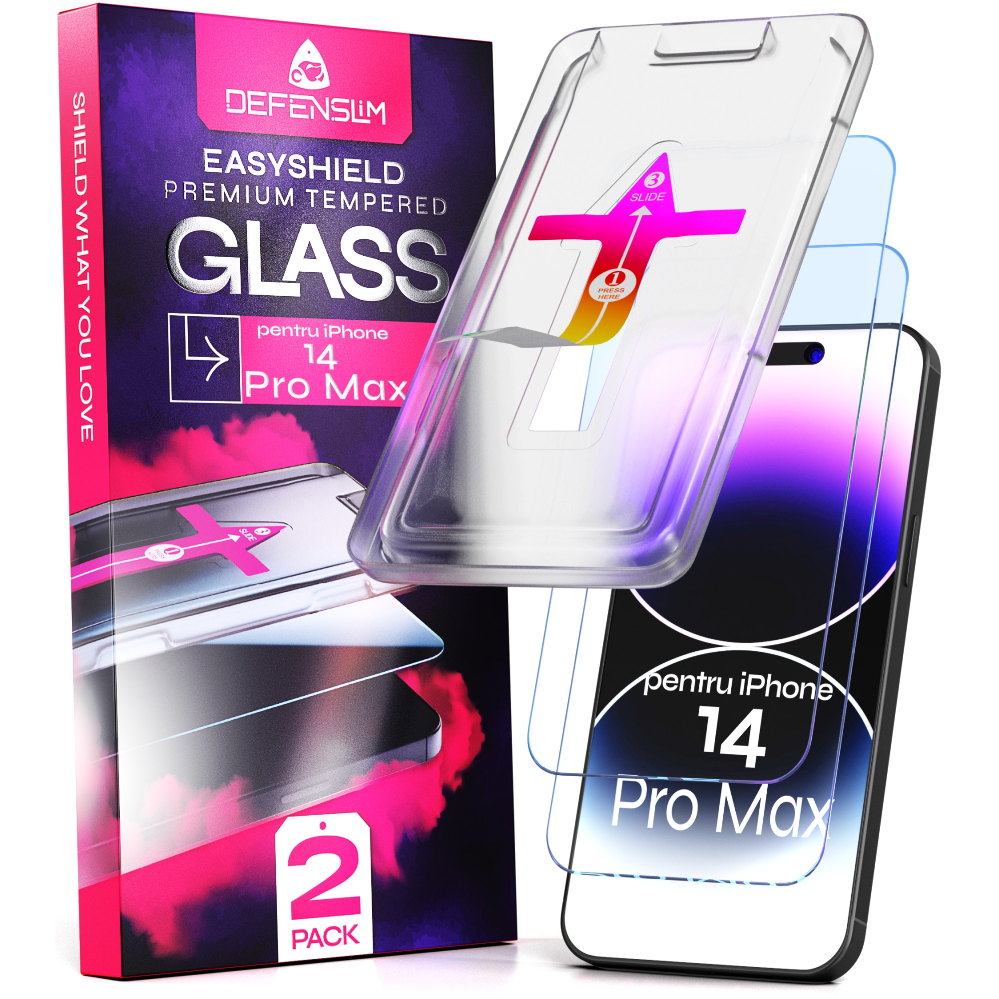 Set 2 Folii sticla compatibil cu iPhone 14 PRO MAX, DefenSlim, instalare usoara si rapida cu dispozitiv de potrivire automata in 30 sec cu Easy Install Kit patentat, protectie telefon