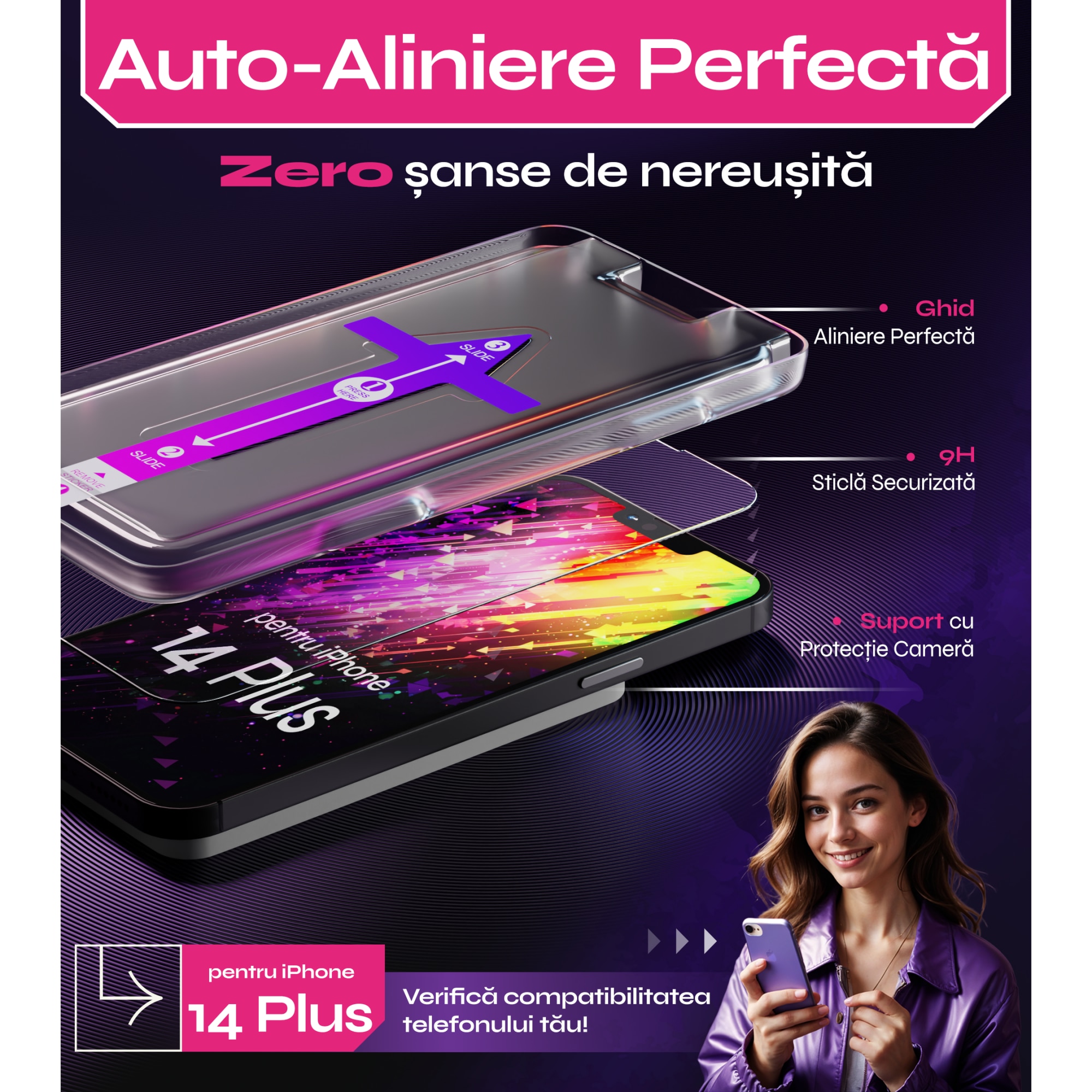 Set 2 Folii sticla compatibil cu iPhone 14 Plus, DefenSlim, instalare usoara si rapida cu dispozitiv de potrivire automata in 30 sec cu Easy Install Kit patentat, protectie telefon