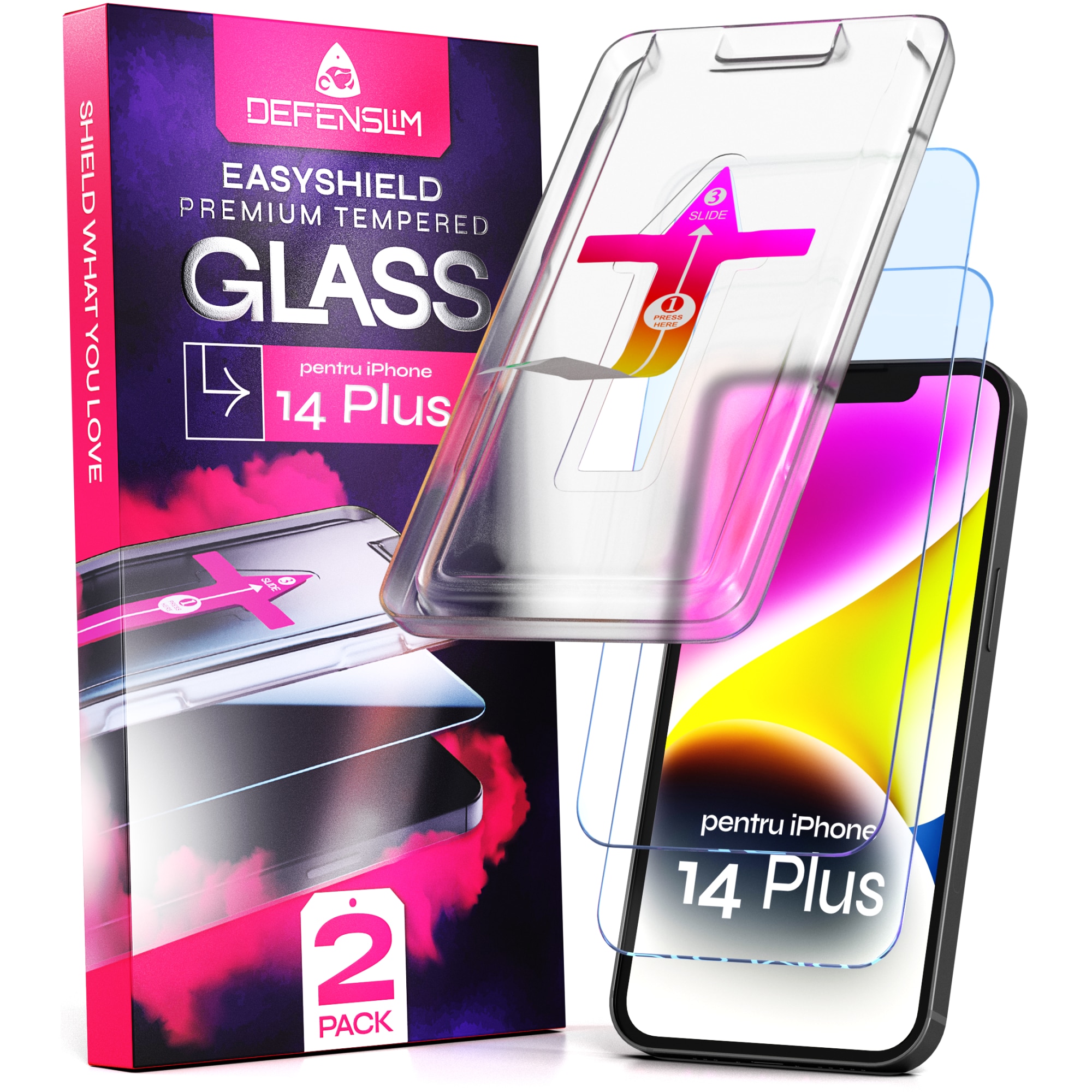 Set 2 Folii sticla compatibil cu iPhone 14 Plus, DefenSlim, instalare usoara si rapida cu dispozitiv de potrivire automata in 30 sec cu Easy Install Kit patentat, protectie telefon