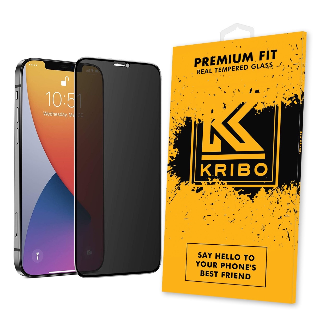 Folie Sticla Kribo, Privacy Premium Fit, pentru Apple iPhone 12 Pro Max, HD, 9H, Protectie Ecran Premium, Full Cover, Full Glue