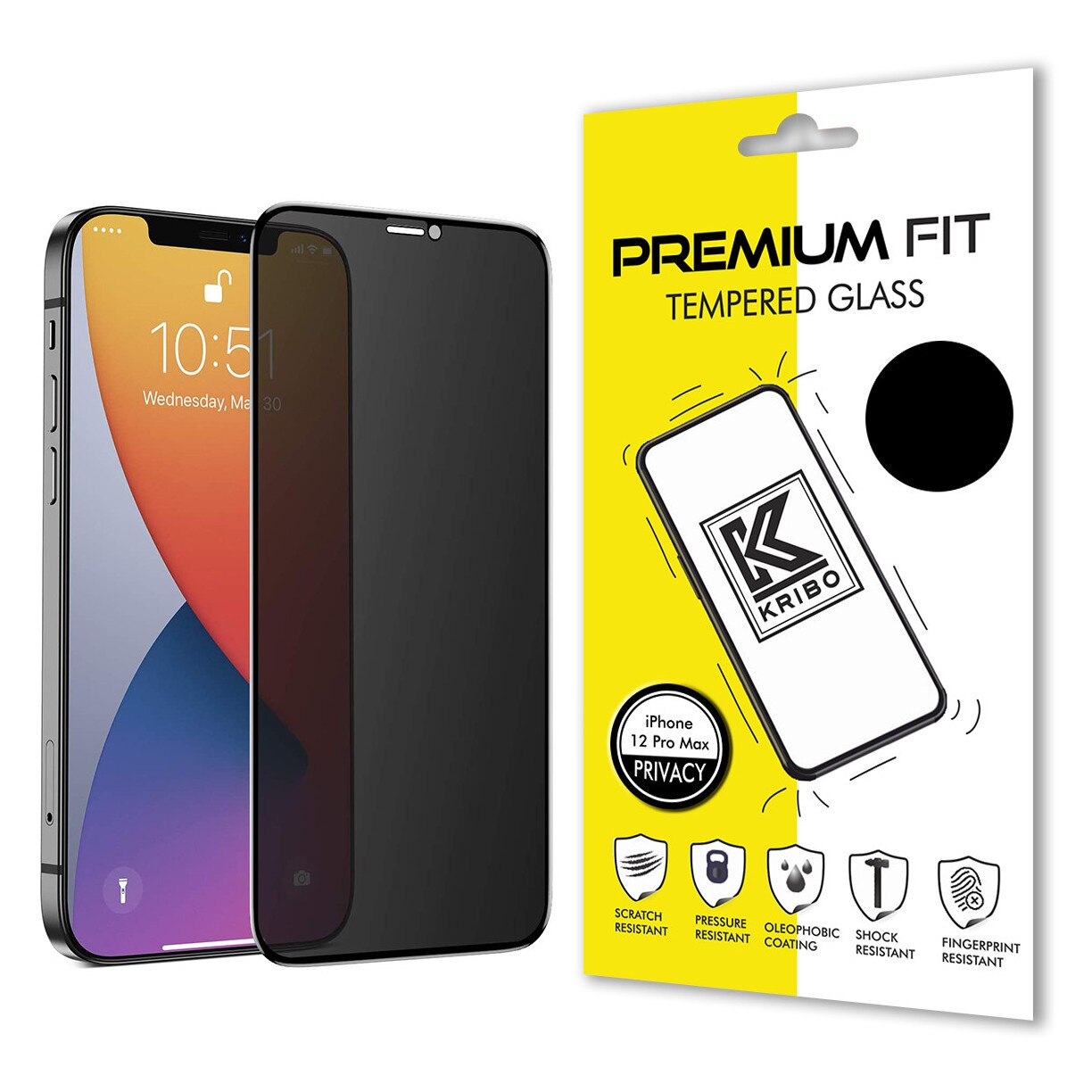 Folie Sticla Kribo, Privacy Premium Fit, pentru Apple iPhone 12 Pro Max, HD, 9H, Protectie Ecran Premium, Full Cover, Full Glue