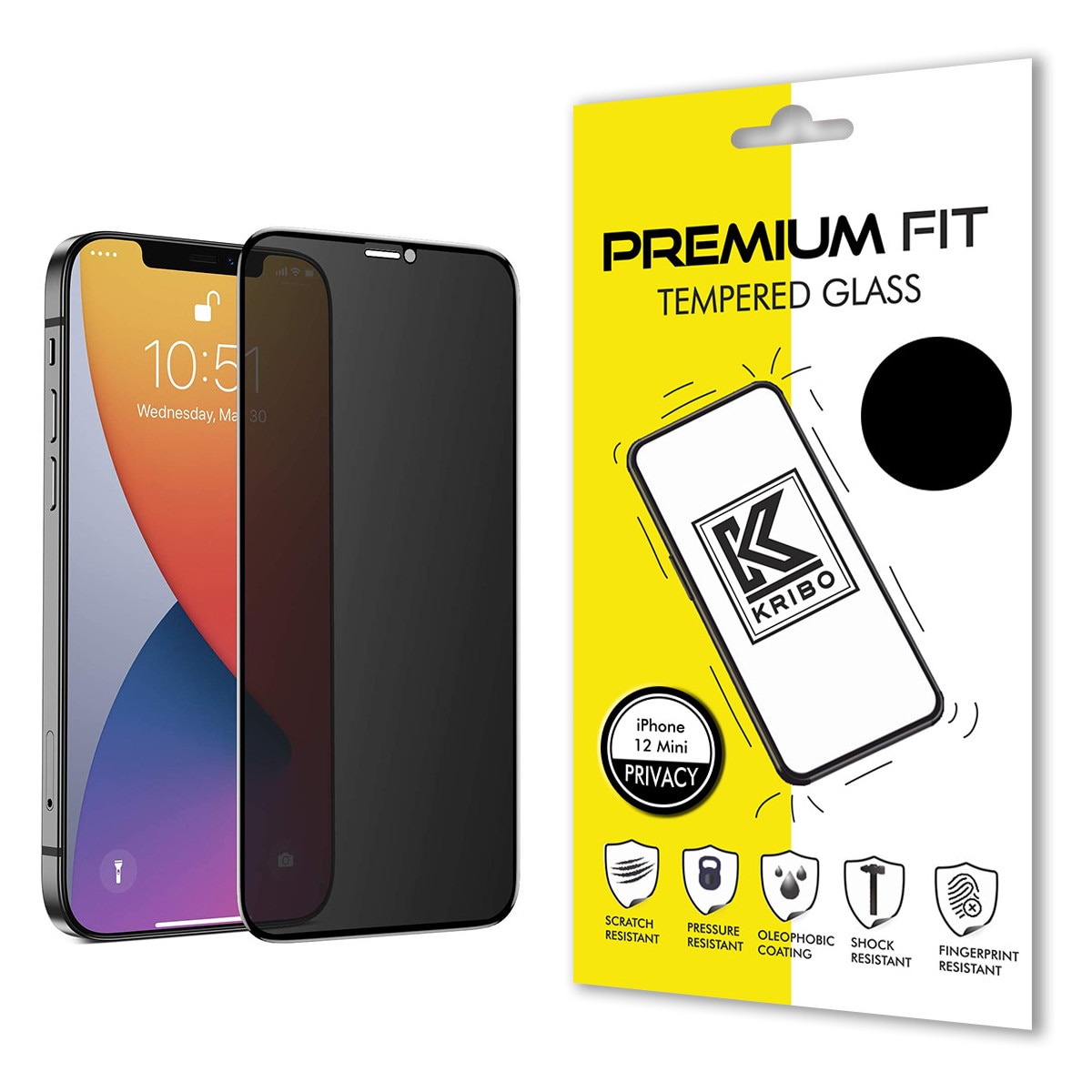 Folie Sticla Kribo, Privacy Premium Fit, pentru Apple iPhone 12 Mini, HD, 9H, Protectie Ecran Premium, Full Cover, Full Glue