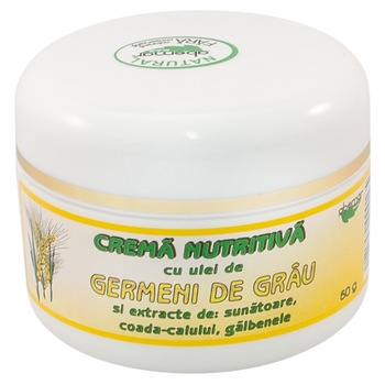 Crema nutritiva cu ulei germeni grau si extracte de: sunatoare, coada calului, galbenele. 50 grame Crema nutritiva cu ulei germeni grau si extracte de: sunatoare, coada calului, galbenele. 50 grame