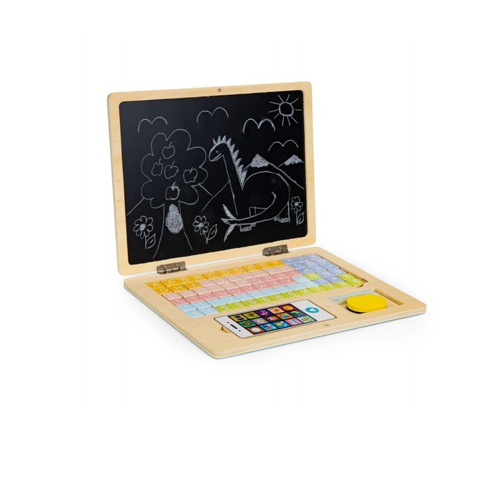 Fa Oktató Laptop gyerekeknek, Bigshot BSG068B, Mágneses tábla, Színes elemek, 30 x 22 x 22 cm, Kék