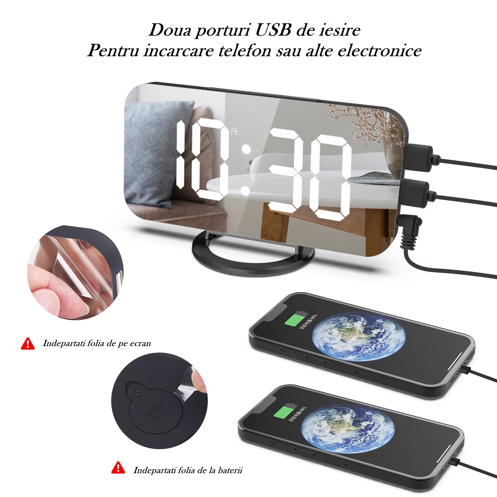 Ceas digital cu LED, Flippy, multifunctional, afisaj digital, alarma, 2 ...