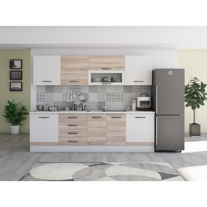 Bucatarie Alfa 260, cu vitrina, sonoma/alb, blat termic alb