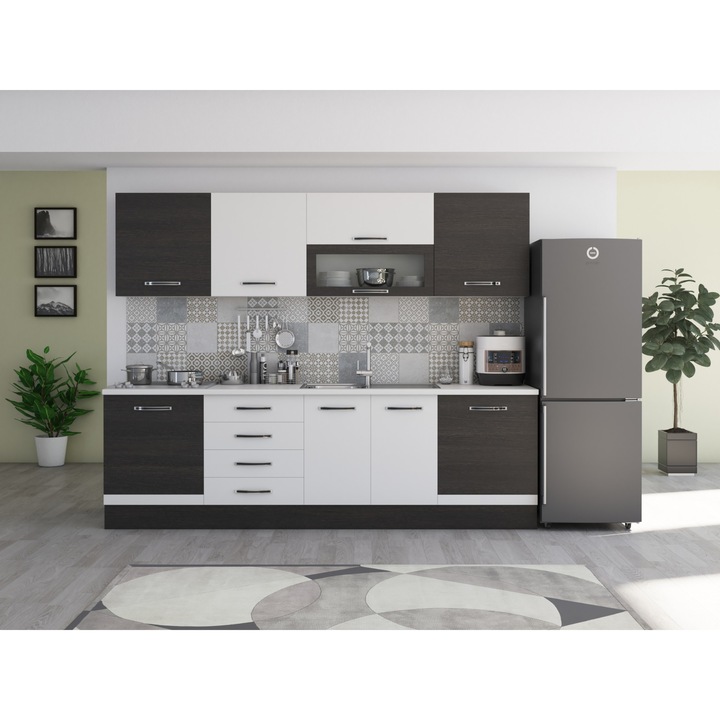 Bucatarie Alfa 260, cu vitrina, alb/wenge, cu blat termic alb