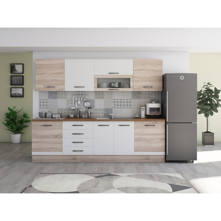 Bucatarie Alfa 260, cu vitrina, alb/sonoma, blat termic nuc