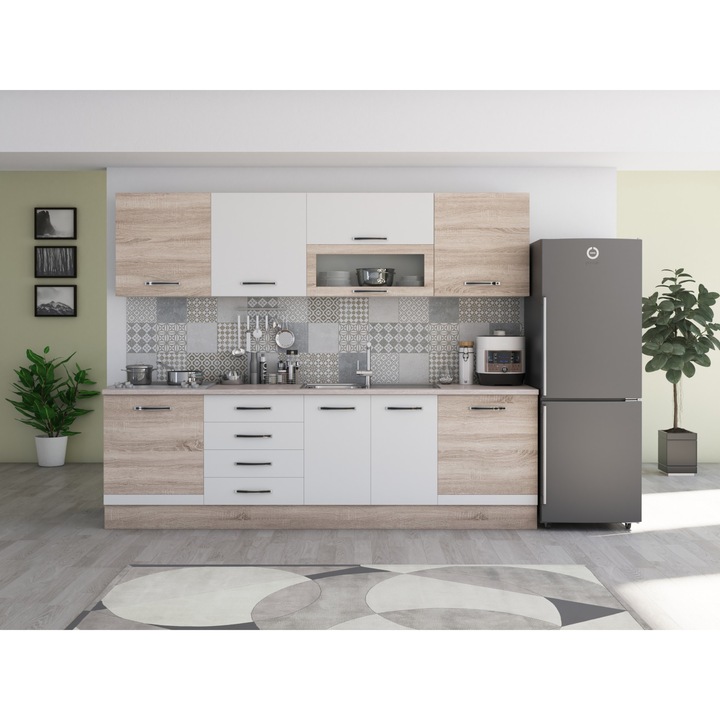 Bucatarie Alfa 260, cu vitrina, alb/sonoma, cu blat termic travertin