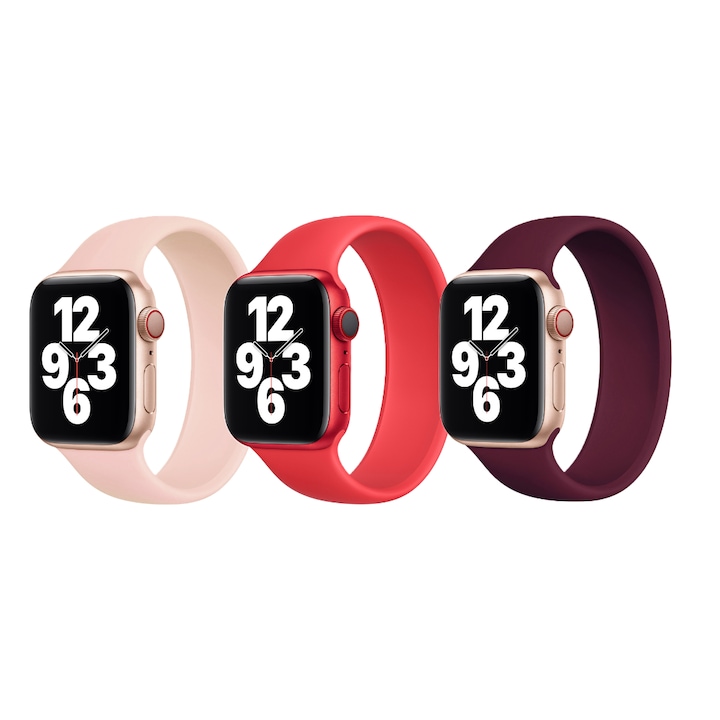 Комплект 3 х силиконова каишка Solo Loop, съвместим с Apple Watch 2, 3, 4, 5, 6, 7, SE, 42MM, 44MM, 45MM, L, Pink Sand, Red, Burgundy